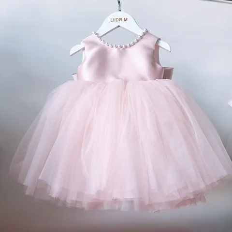 Girls Princess Tutu Dress Satin Sleeveless Gown With Large Bow And Pearl Neckline For Flower Girl Wedding Birthday Party