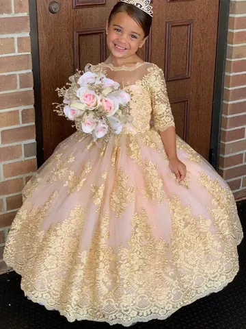 Luxury Gold Lace Embroidery Flower Girl Dress Pink Princess Tulle Puffy Gown For Wedding Birthday Party Performance Kids Dress