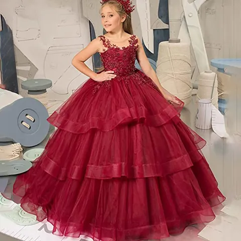 Girls Princess Lace Tulle Sleeveless Wedding Party Dress Layered Cake Skirt Ball Gown For Birthday Flower Girl Ceremony