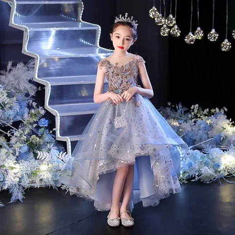 Luxury Blue Girls Princess Pageant Dress Sleeveless Mesh Sequined Star Formal Party Wedding Flower Girl Trailing Gown
