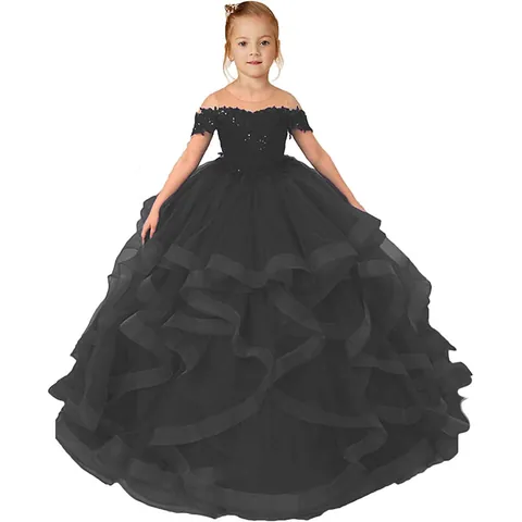 Elegant Off Shoulder Girl Lace Princess Gown Layered Mesh Trailing Tutu Dress For Wedding Performance Birthday Party