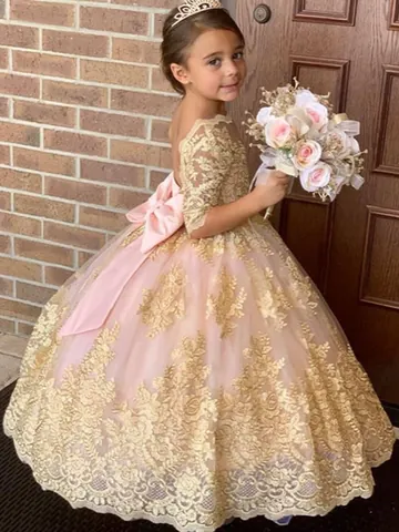 Luxury Gold Lace Embroidery Flower Girl Dress Pink Princess Tulle Puffy Gown For Wedding Birthday Party Performance Kids Dress