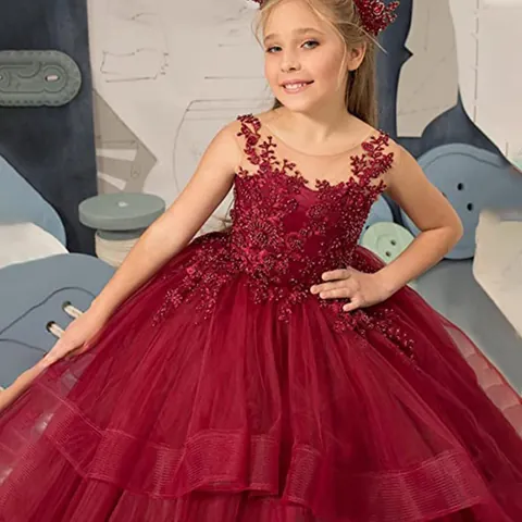 Girls Princess Lace Tulle Sleeveless Wedding Party Dress Layered Cake Skirt Ball Gown For Birthday Flower Girl Ceremony