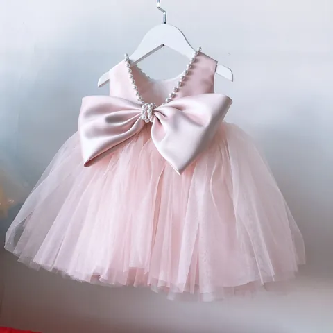 Girls Princess Tutu Dress Satin Sleeveless Gown With Large Bow And Pearl Neckline For Flower Girl Wedding Birthday Party