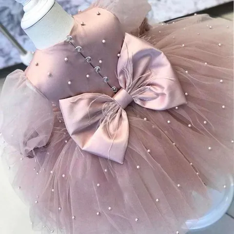 Girls Princess Mesh Tutu Dress Long Sleeve Pearl Beaded Feather Flower Birthday Wedding Party Formal Gown
