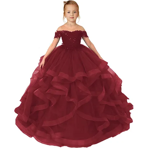 Elegant Off Shoulder Girl Lace Princess Gown Layered Mesh Trailing Tutu Dress For Wedding Performance Birthday Party