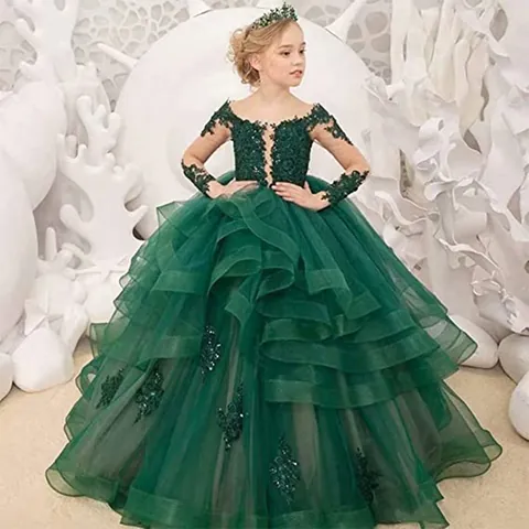 Girls Lace Tulle Long Sleeve Gown Princess Cake Layered Wedding Party Birthday Performance Puffy Maxi Dress For Kids