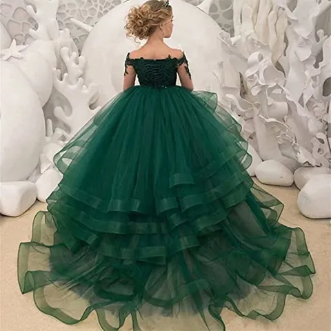 Girls Lace Tulle Long Sleeve Gown Princess Cake Layered Wedding Party Birthday Performance Puffy Maxi Dress For Kids