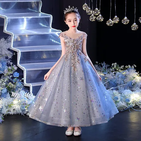 Luxury Blue Girls Princess Pageant Dress Sleeveless Mesh Sequined Star Formal Party Wedding Flower Girl Trailing Gown