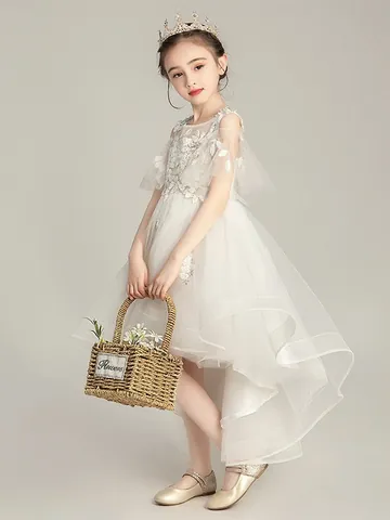 Girls White Princess Dress Lace Floral Embroidery High Low Mesh Tulle Tutu Wedding Flower Girl Formal Party Evening Gown