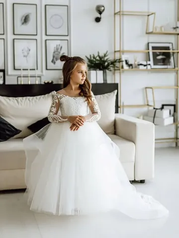 Girls Lace Long Sleeve Wedding Dress Princess Pageant Birthday Gown Tulle Trailing Flower Girl Dress