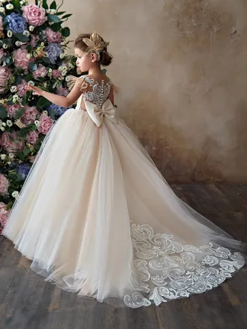 Mädchen Blumenmädchenkleid Spitze Tüll Schleppe Prinzessinnenkleid Mit Großer Schleife Für Hochzeit Party Kinder Abendkleid