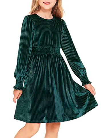Vintage Girls Velvet Long Sleeve Dress Pleated Smocking A-Line Princess Party Dress Christmas Birthday Celebration Outfit