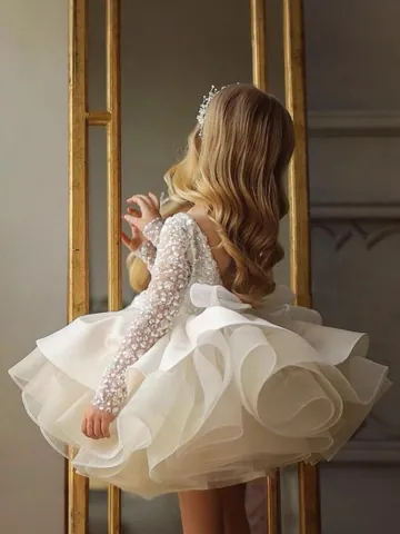 Girls Sequin Lace Long Sleeve Tulle Puff Princess Wedding Party Dress With Bow Back Formal Pageant Gown For Kids