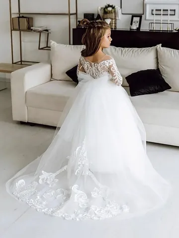 Girls Lace Long Sleeve Wedding Dress Princess Pageant Birthday Gown Tulle Trailing Flower Girl Dress
