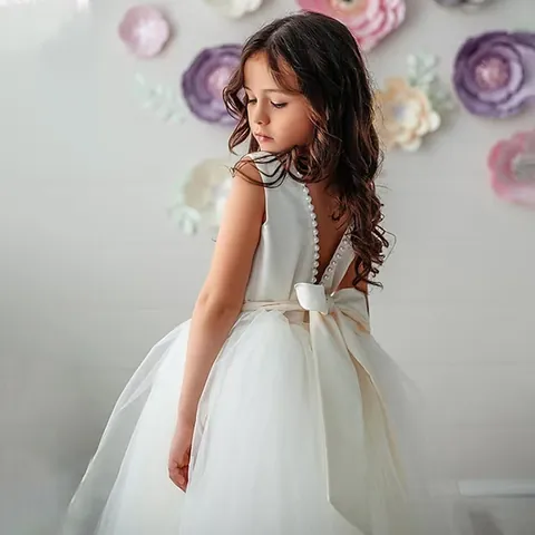 Girls Sleeveless Backless Tulle Wedding Dress Pearl Beaded Flower Girl Birthday Party Performance Puffy Ball Gown For Kids Toddlers