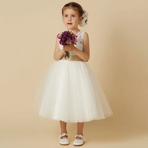 Vestido de Fiesta de Boda de Encaje para Niñas Sin Mangas de Tul Princesa Con Lazo de Satén Champaña para Cumpleaños