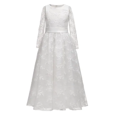 Blumenmädchen Spitze Langarm Hochzeitskleid Weiß Kinder Elegant Prinzessin Kleid Für Geburtstag Party Aufführung Zeremonie
