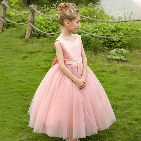 Girls Sleeveless Satin Tulle Princess Dress Elegant Flower Girl Gown With Large Back Bow For Wedding Birthday Performance