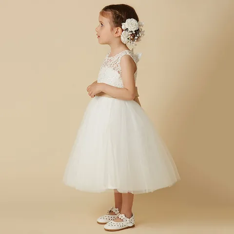 Vestido de Fiesta de Boda de Encaje para Niñas Sin Mangas de Tul Princesa Con Lazo de Satén Champaña para Cumpleaños