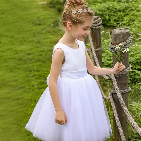 Girls Sleeveless Satin Tulle Princess Dress With Bowknot Elegant Flower Girl Gown For Wedding Party Performance Birthday Kids Clothing