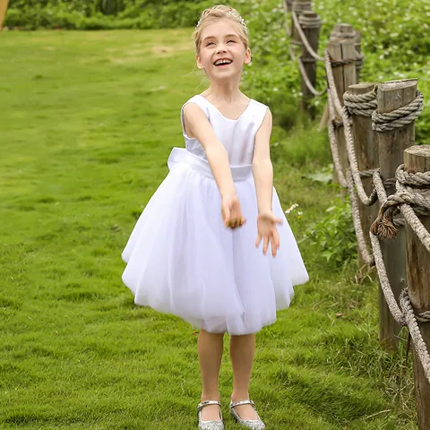 Girls Sleeveless Satin Tulle Princess Dress With Bowknot Elegant Flower Girl Gown For Wedding Party Performance Birthday Kids Clothing