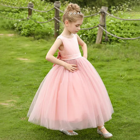 Girls Sleeveless Satin Tulle Princess Dress Elegant Flower Girl Gown With Large Back Bow For Wedding Birthday Performance