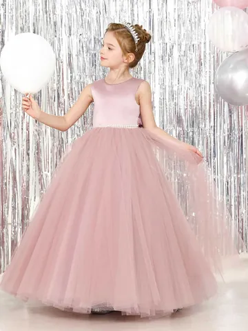 Girls Sleeveless Satin Mesh Princess Dress With Pearl Belt Big Bow Back Flower Girl Wedding Party Birthday Gown