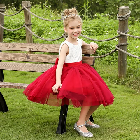 Girls Lace Tulle Princess Dress Bow Knot Backless Flower Girl Wedding Party Gown Formal Dress For Summer