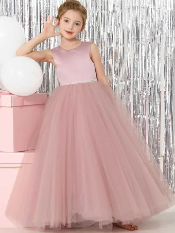 Girls Sleeveless Satin Mesh Princess Dress With Pearl Belt Big Bow Back Flower Girl Wedding Party Birthday Gown