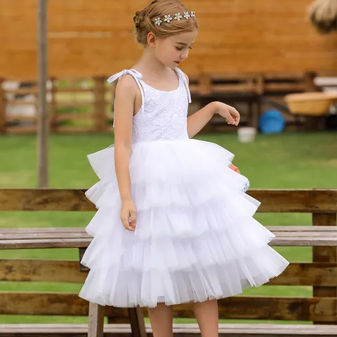 Vestido de Encaje Blanco y Tul para Niñas Sin Mangas Tirantes de Lazo Falda de Capas Vestido de Princesa para Boda Fiesta