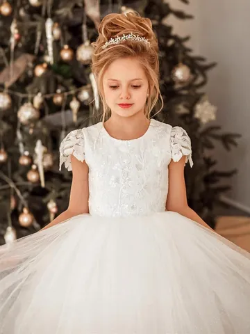 Girls Flower Lace Wedding Party Dress Tulle Princess Ball Gown For Christmas Birthday Pageant Performance Flower Girl Dress