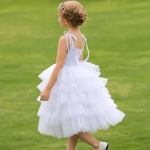 Vestido de Encaje Blanco y Tul para Niñas Sin Mangas Tirantes de Lazo Falda de Capas Vestido de Princesa para Boda Fiesta