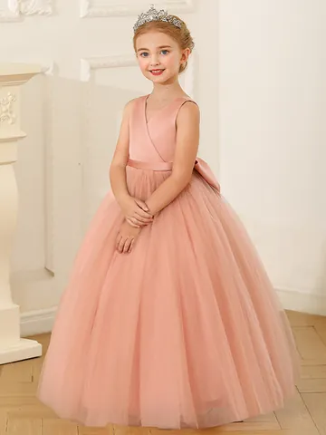 Girls Princess Wedding Party Dress Sleeveless Satin Mesh Tulle Ball Gown With Large Bow Flower Girl Birthday Formal Dress