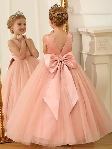 Girls Princess Wedding Party Dress Sleeveless Satin Mesh Tulle Ball Gown With Large Bow Flower Girl Birthday Formal Dress