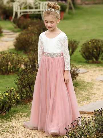 Girls Lace Flower Girl Dress Long Sleeve Princess Mesh Tulle Gown For Wedding Birthday Party Pageant Elegant Formal Kids Dress