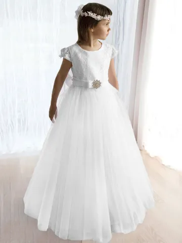 Elegant Lace Flower Girl Dress For Wedding Party Kids Short Sleeve Mesh Gown Princess Floor Length Puffy Dress With Satin Bow Rhinestone For Girls