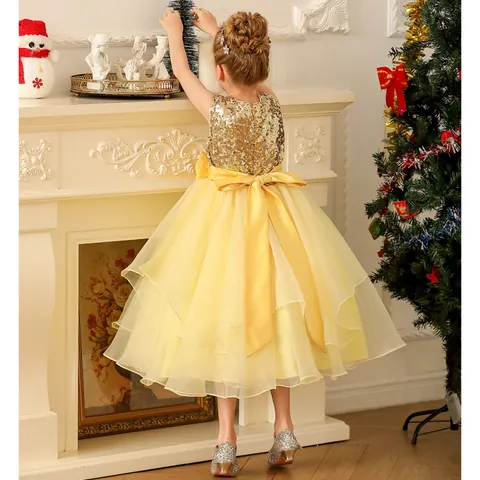 Kids Girls Sequin Lace Tulle Princess Dress Sleeveless Mesh Flower Girl Gown For Wedding Party Birthday Performance Gown