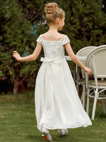 Elegant Girls Lace Chiffon Flower Girl Dress Off Shoulder Princess Wedding Party Pageant Formal Gown For Kids