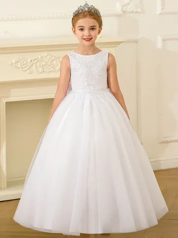 Girls Princess Lace Mesh Wedding Party Gown Sleeveless Floral Embroidery Big Bow Flower Girl Tutu Dress For Birthday Performance