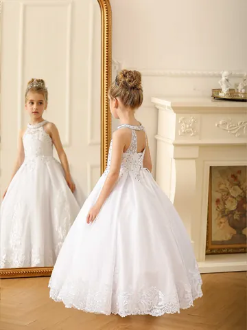 Luxury Girls Halter Lace Flower Girl Dress Sequin Embroidery Tulle Princess Ball Gown Birthday Wedding Party Evening Formal Gown