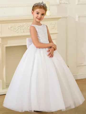 Girls Princess Lace Mesh Wedding Party Gown Sleeveless Floral Embroidery Big Bow Flower Girl Tutu Dress For Birthday Performance
