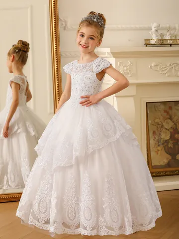 Luxury Girls Flower Girl Dress Lace Embroidery Rhinestone Princess Tulle Gown For Wedding Party Formal Event Birthday Ceremony