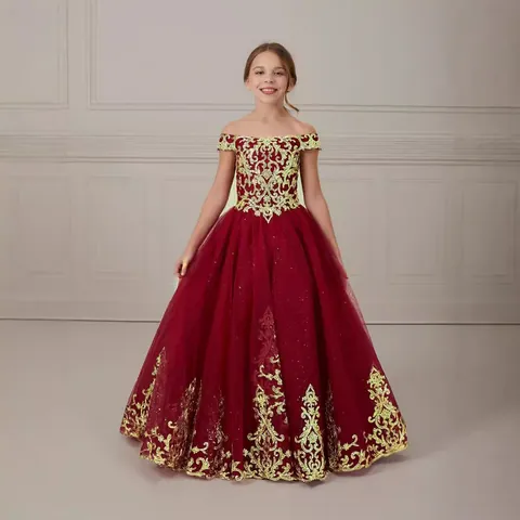 Girls Princess Lace Off-Shoulder Long Formal Dress Gold Embroidery Tulle Mesh Flower Girl Wedding Party Host Performance
