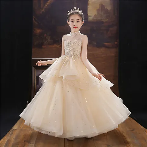 Champagne Sequin Flower Girl Dress Mesh Tiered Tulle Gown For Kids Pageant Wedding Party Princess Performance Dress