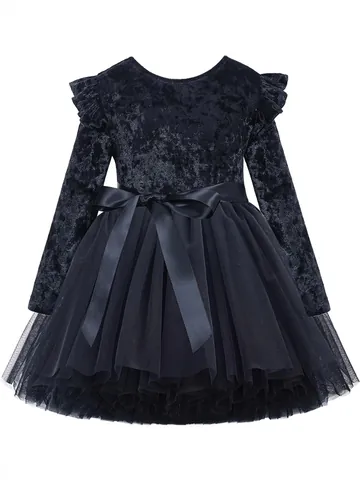 Mädchen Langarm Samt Netz Prinzessin Kleid Mit Satin Schleife Rüschen Schulter Kinder Party Geburtstag Abendkleid