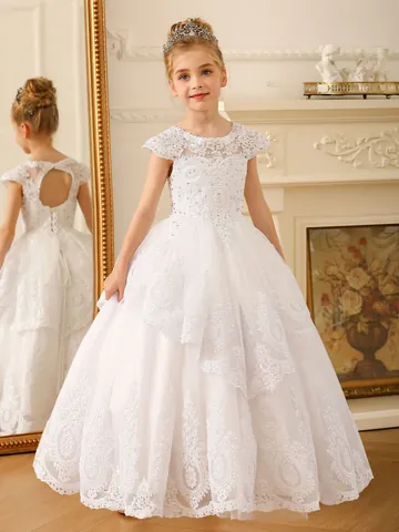 Luxury Girls Flower Girl Dress Lace Embroidery Rhinestone Princess Tulle Gown For Wedding Party Formal Event Birthday Ceremony