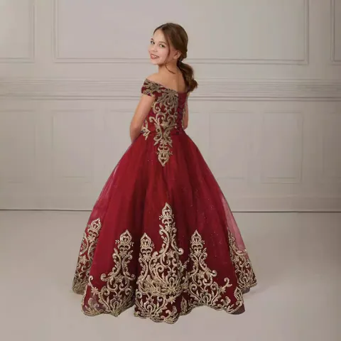 Girls Princess Lace Off-Shoulder Long Formal Dress Gold Embroidery Tulle Mesh Flower Girl Wedding Party Host Performance