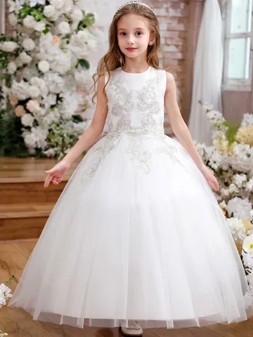 Vintage Satin Flower Girl Dress For Wedding Cute Lace Bow Mesh Fluffy Tulle Ball Gown For Girls Kids Party Formal Dress