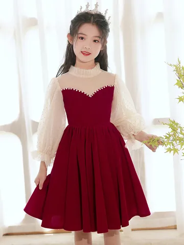 Girls Chinese Style Velvet Princess Dress Wine Red Mesh Patchwork Puff Sleeve Formal Party Gown With Faux Pearl Decoration